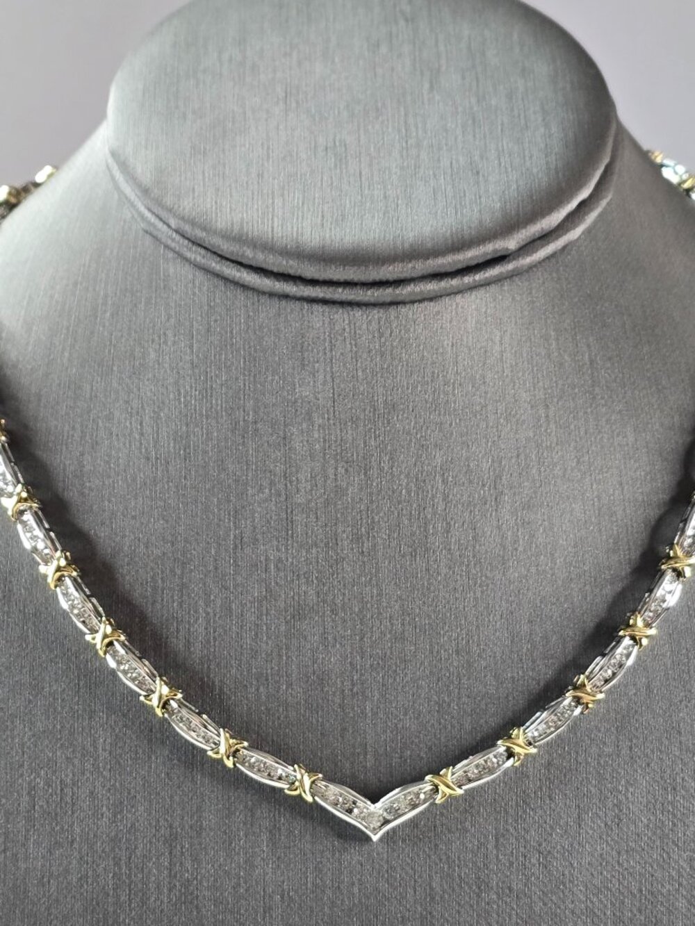 Womens Vintage 10k White & Yellow Gold Diamond Modernist Necklace 17.2g E5700